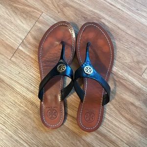 Tory Burch Black and Gold Leather Sandals